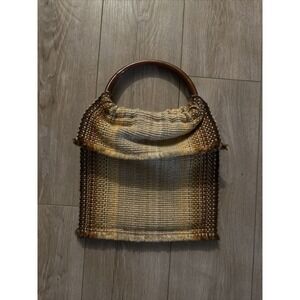 Vintage Knitted Purse Handmade Top‎ Wood Handle Brown Beige Tan